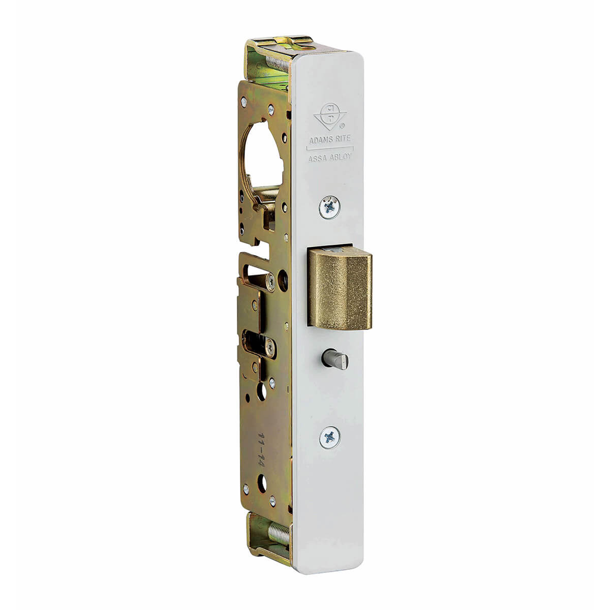 Metal door lock hardware with brass bolt.