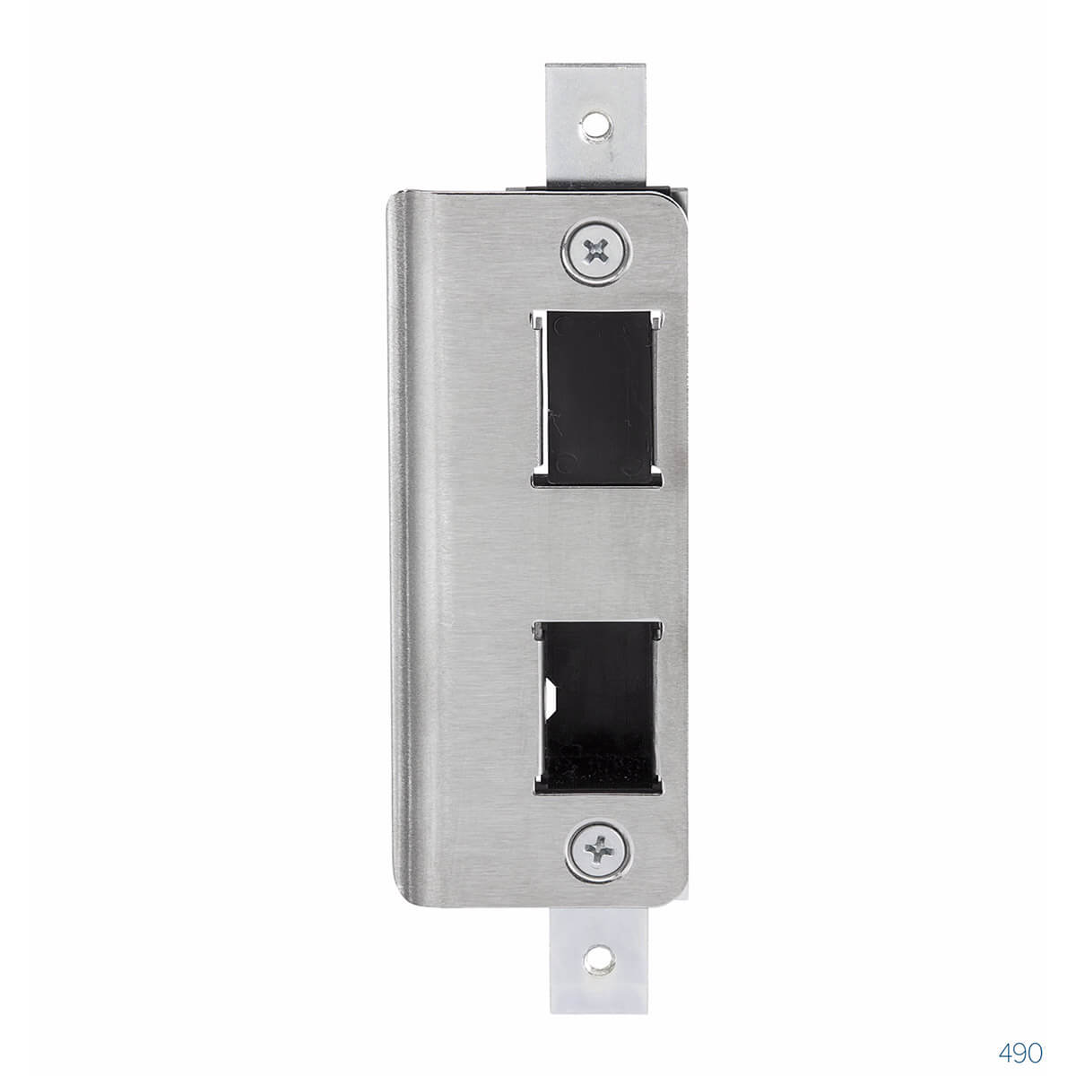 Metallic door latch mechanism with mounting screws visible.