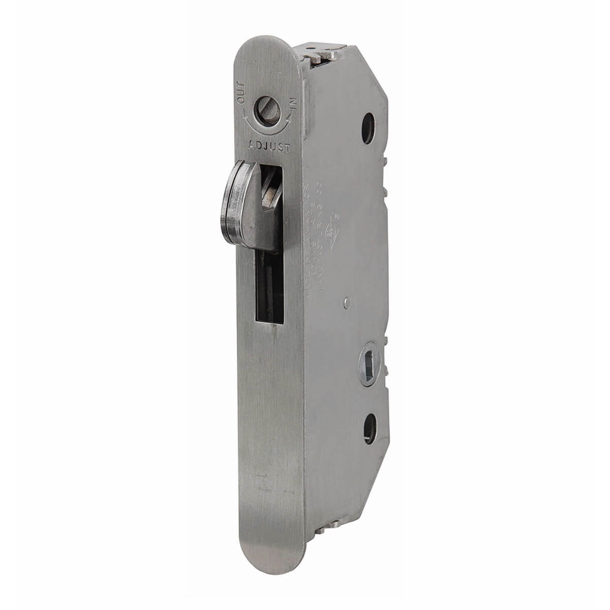 Metal door latch with adjustable screw mechanism displayed.
