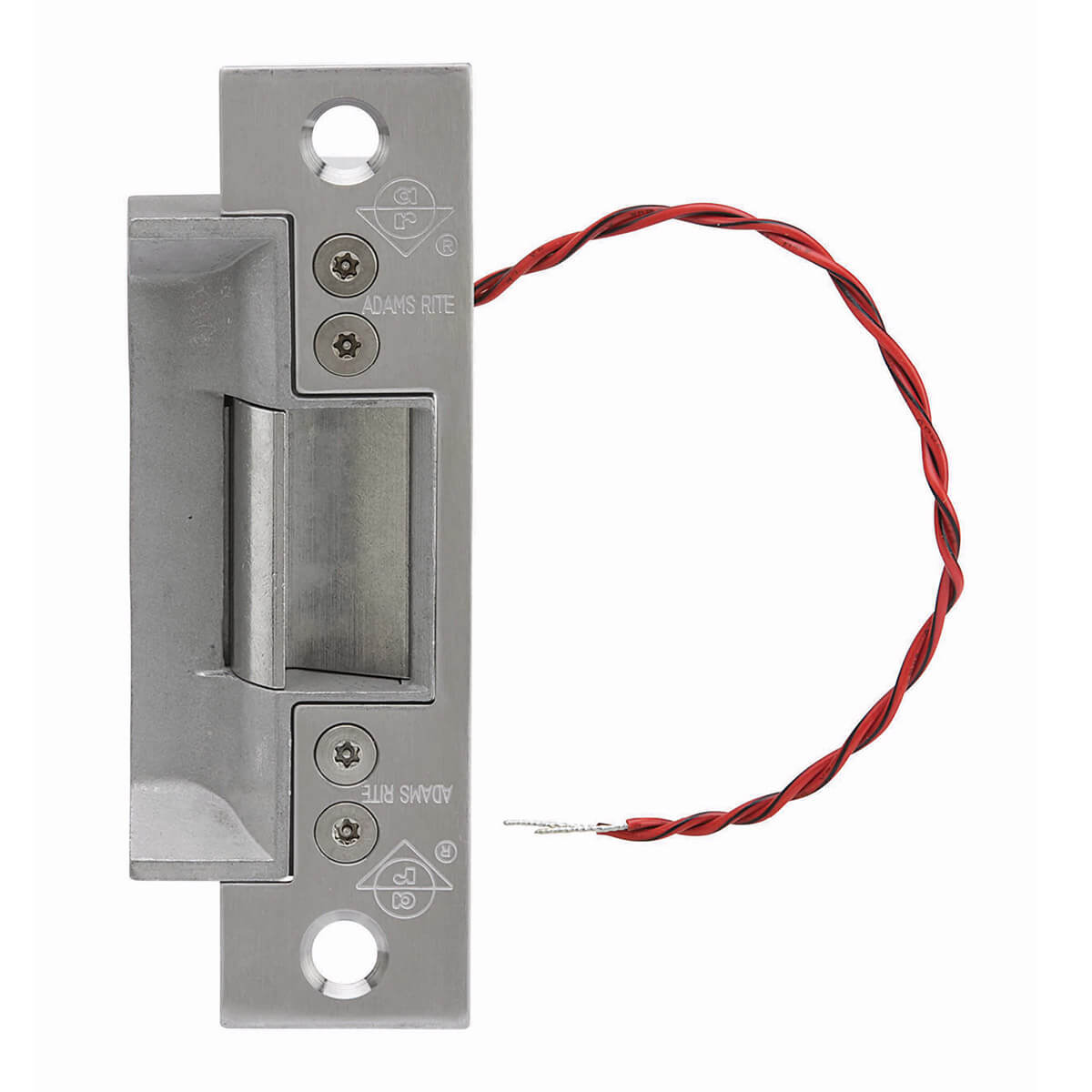 Electric door strike with red wires attached.
