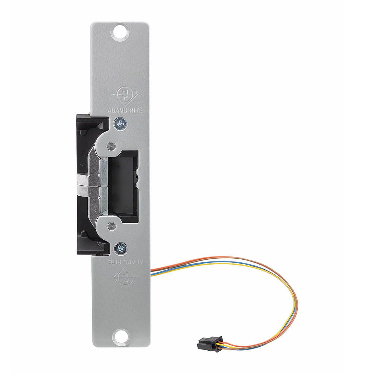 Electric door strike with attached multicolored wires.
