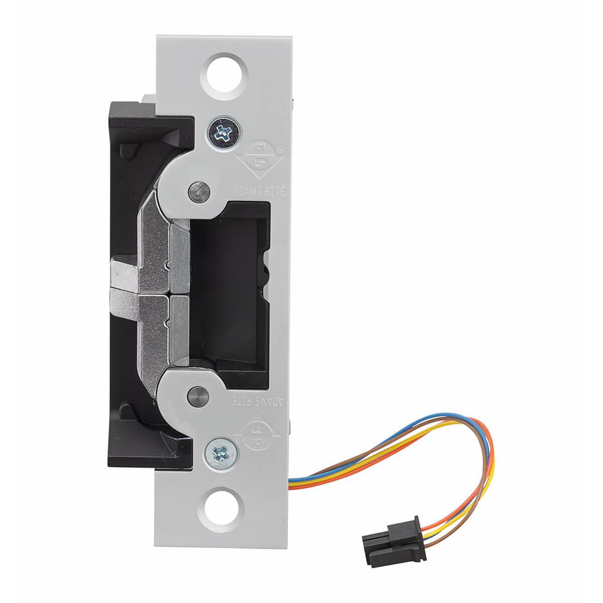 Electronic door strike with multicolored wiring attached.