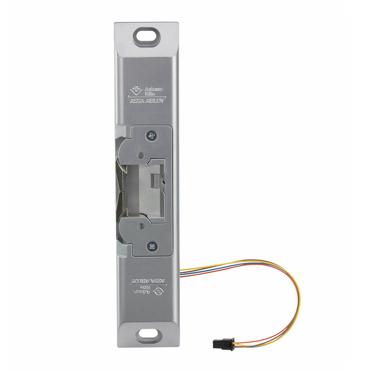 Security door strike plate with attached wiring.
