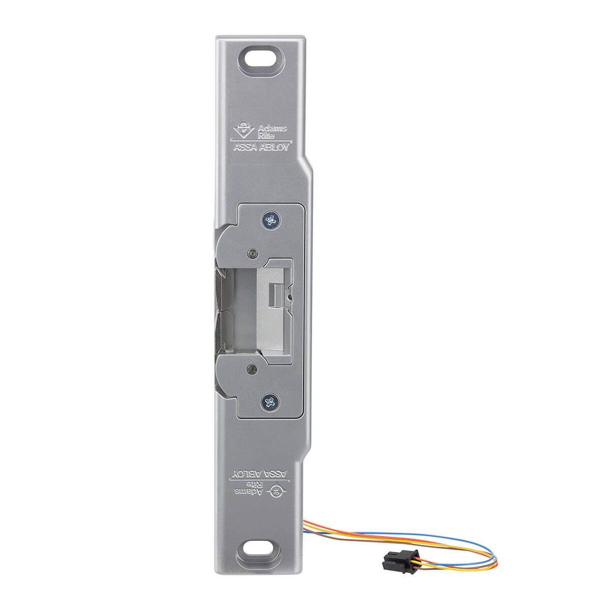 Silver electric door strike with visible wires attached.