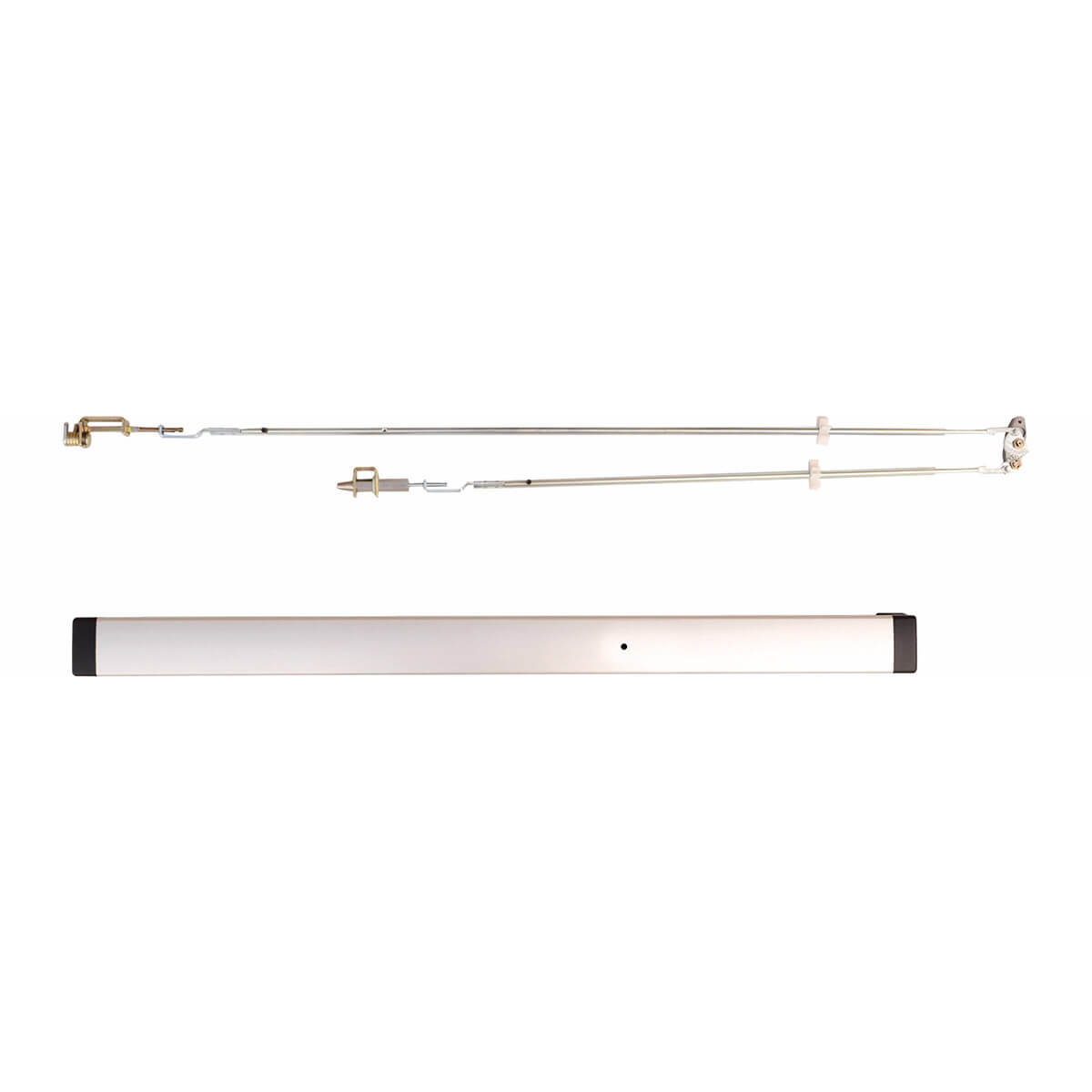 Door security hardware with rod and housing.