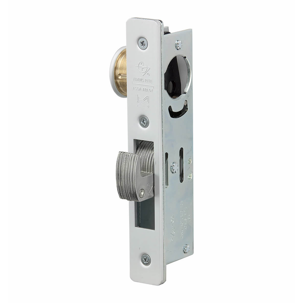 Metallic door lock mechanism displayed vertically.