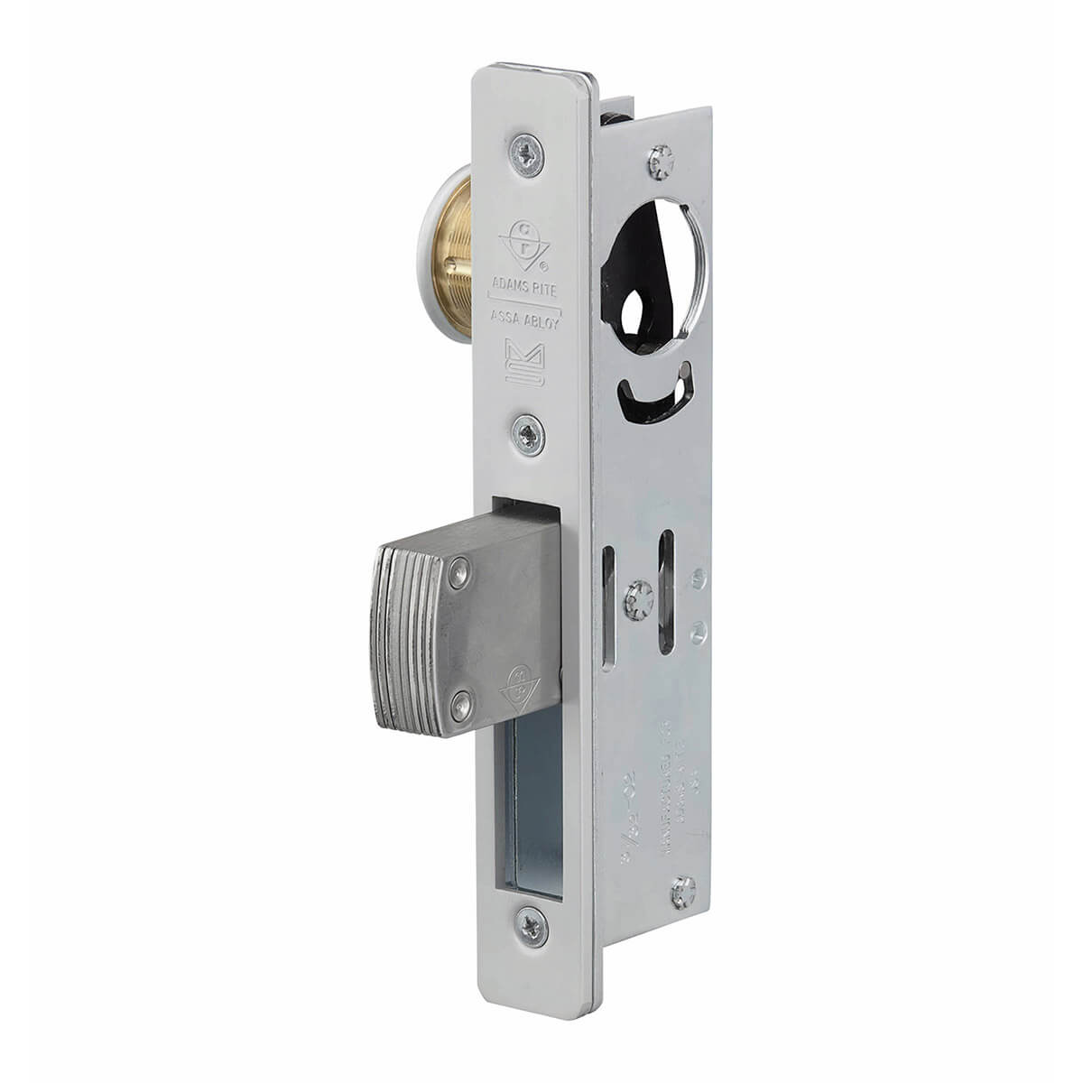 Silver mortise lock displayed against white background.