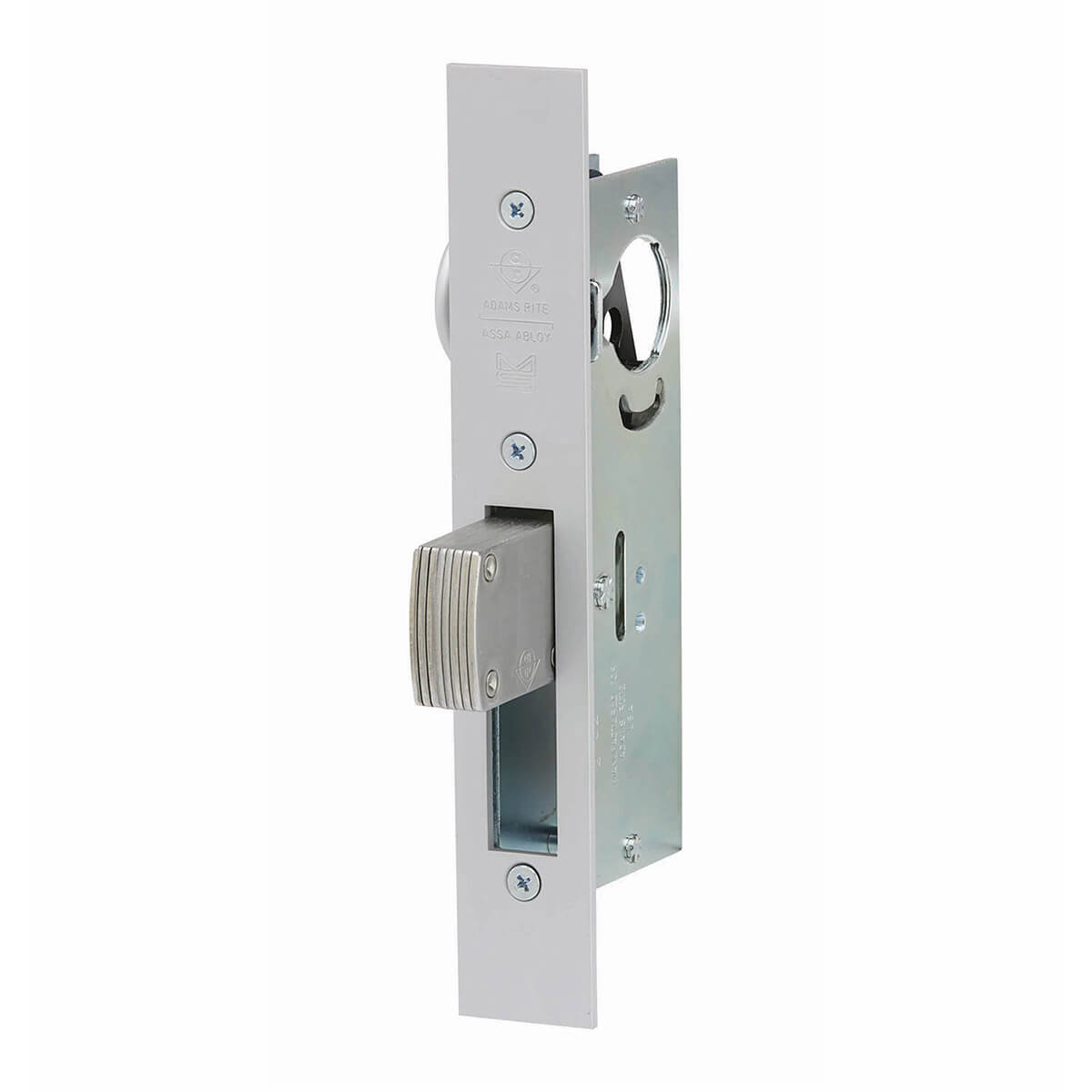 Metal door lock mechanism with bolt extended.