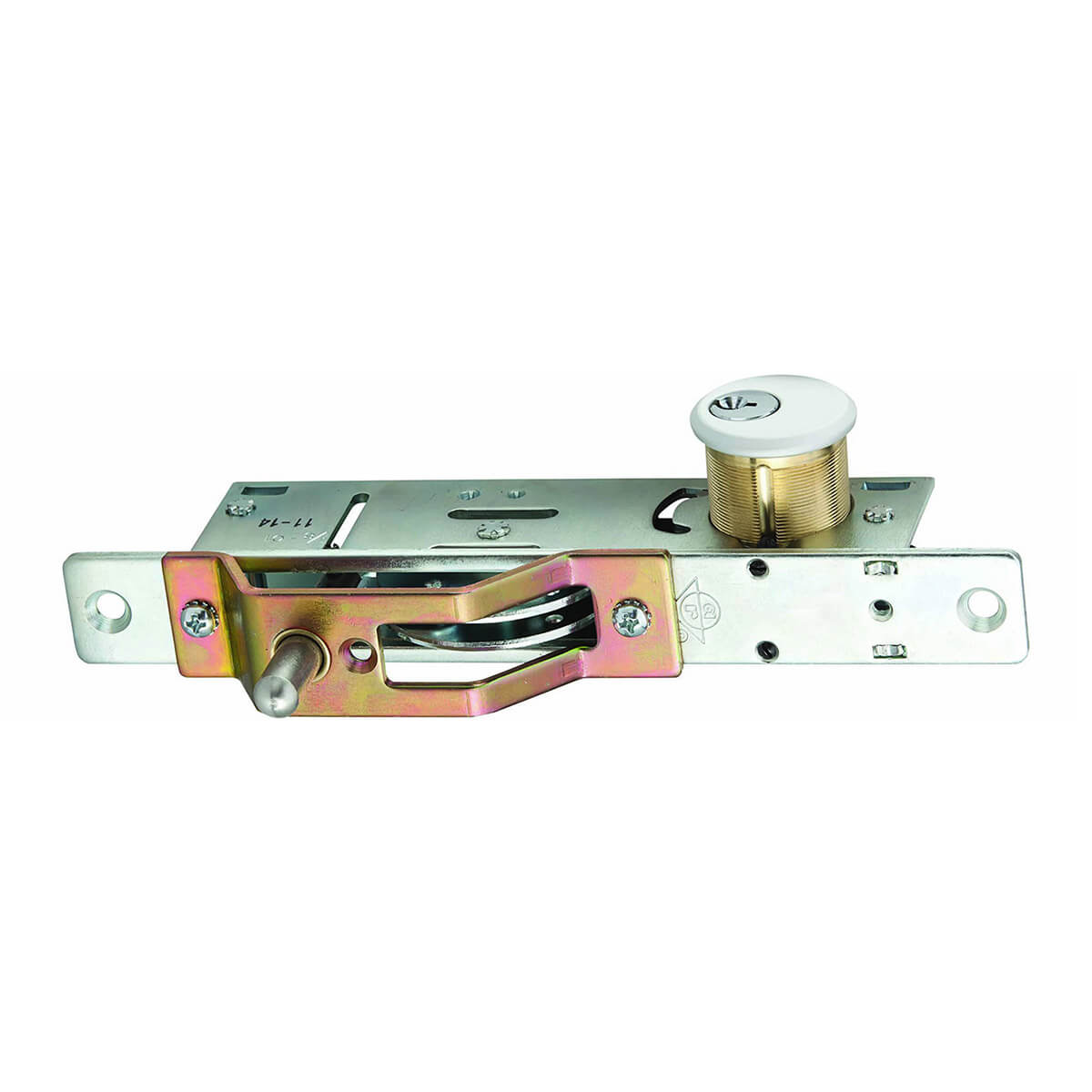 Metal door latch with bolt and lock mechanism.