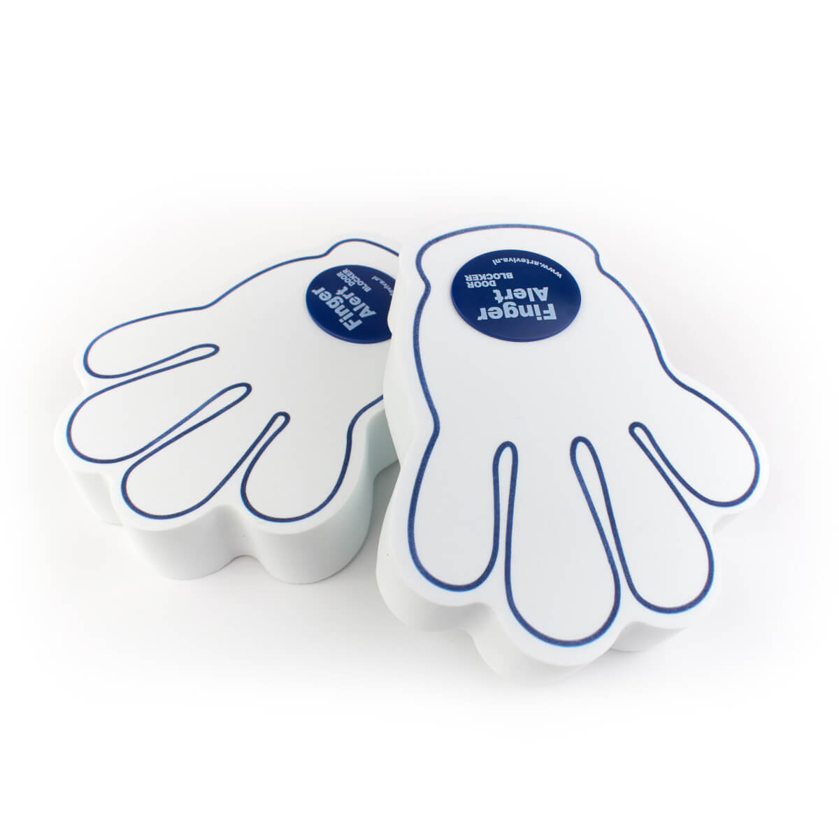 Hand-shaped door stoppers preventing accidental finger injuries.