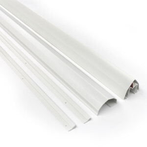 White security door hardware pieces arranged on a surface.