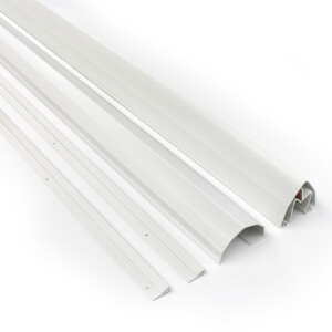 Aluminum door components aligned on white background.