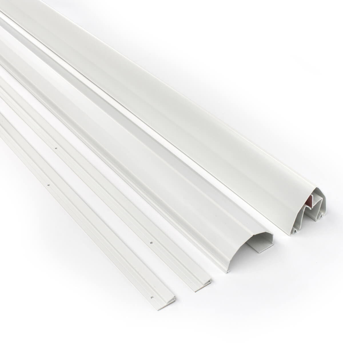 Aluminum door components aligned on white background.