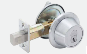Silver door knob lock with a cylindrical keyed cylinder and extended latch bolt, shown from the side.