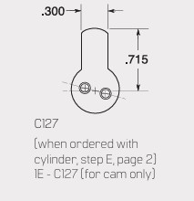 Technical drawing of a small clamp-like component with a rounded top and two mounting holes; labeled CL27/C127 with dimensions .300 and .715 (cylinder or cam use).
