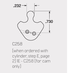 Technical drawing of C258 part: rounded body with a neck-like top and two through-holes; shows dimensions .232 and .730 and a note about ordering with cylinder for cam layout.