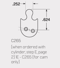 Technical drawing of part C265, a cam-shaped component with two mounting holes and dimensions (.252, .624) labeled. Used with cylinders; described as cam only in the note.