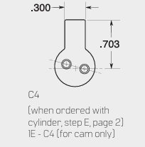 Technical drawing of a cam follower part: rounded base with two through holes and a vertical stem; dimensions show 0.703 in height and 0.300 in top thickness.
