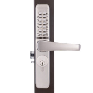 Electronic keypad door lock with handle.