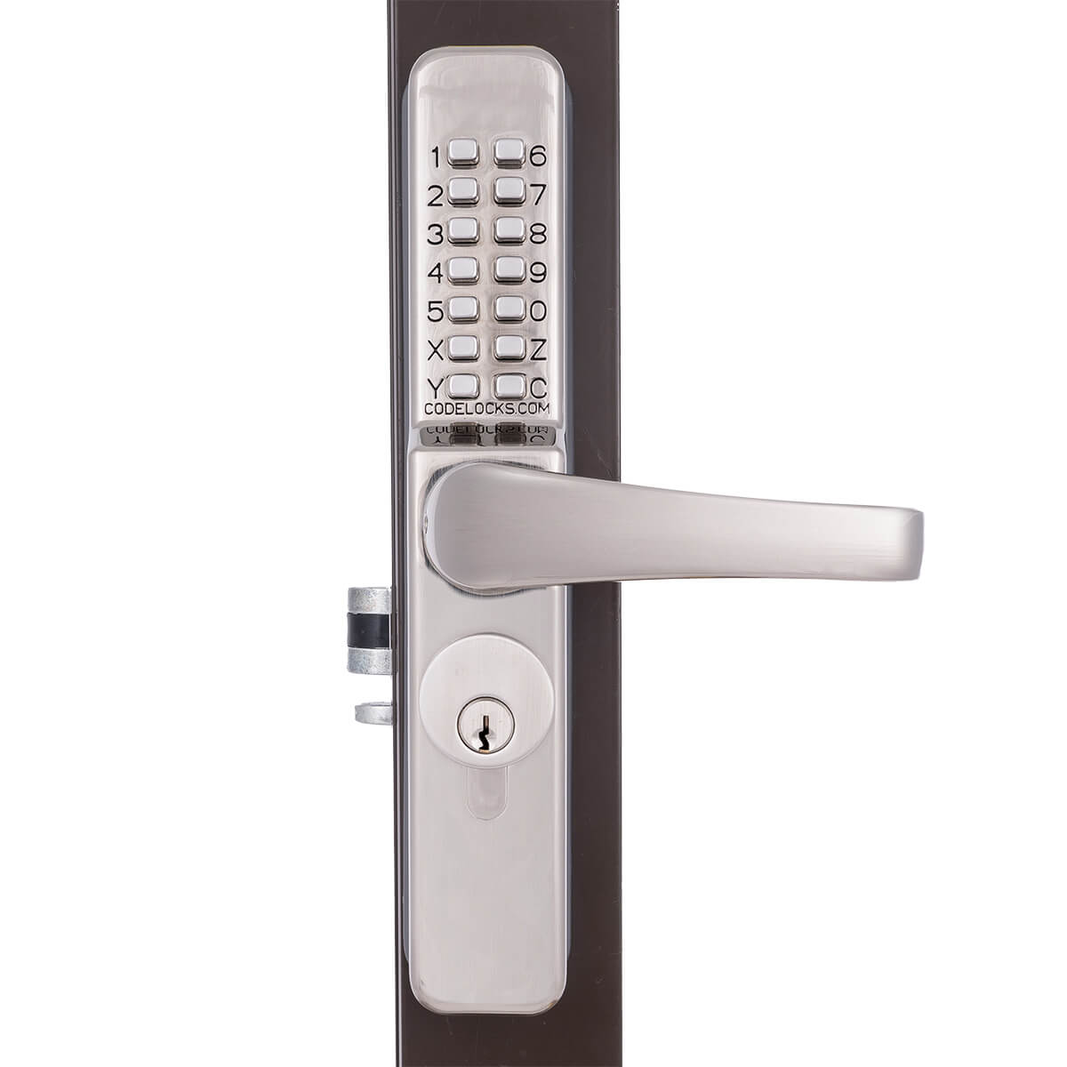 Electronic keypad door lock with handle.