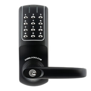 Electronic keypad door lock with lever handle.