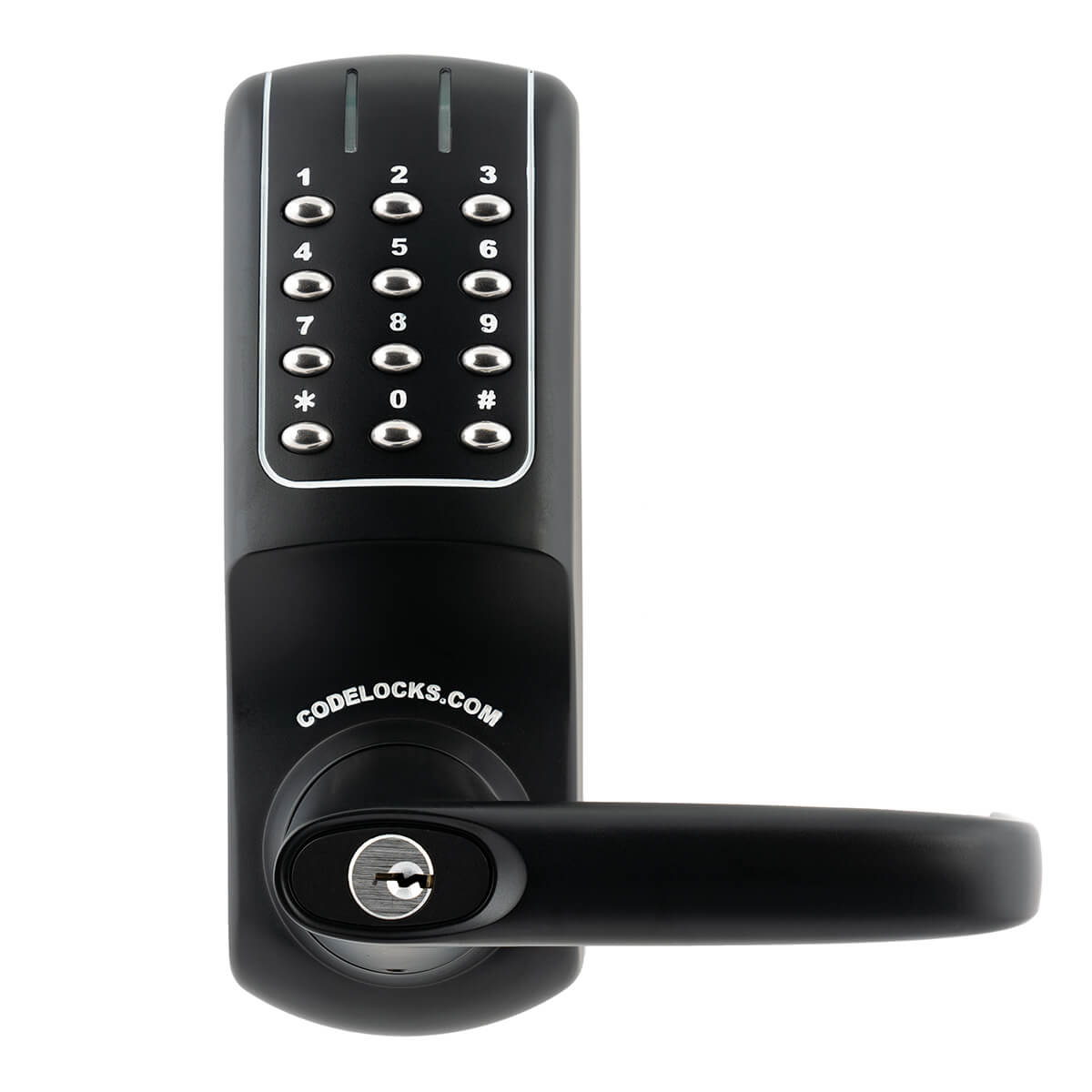 Electronic keypad door lock with lever handle.