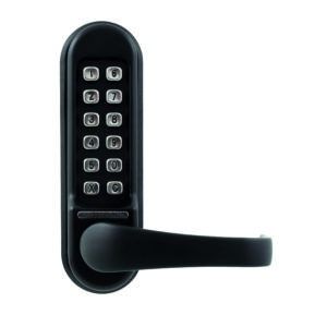 Black keypad door handle with numbered buttons.