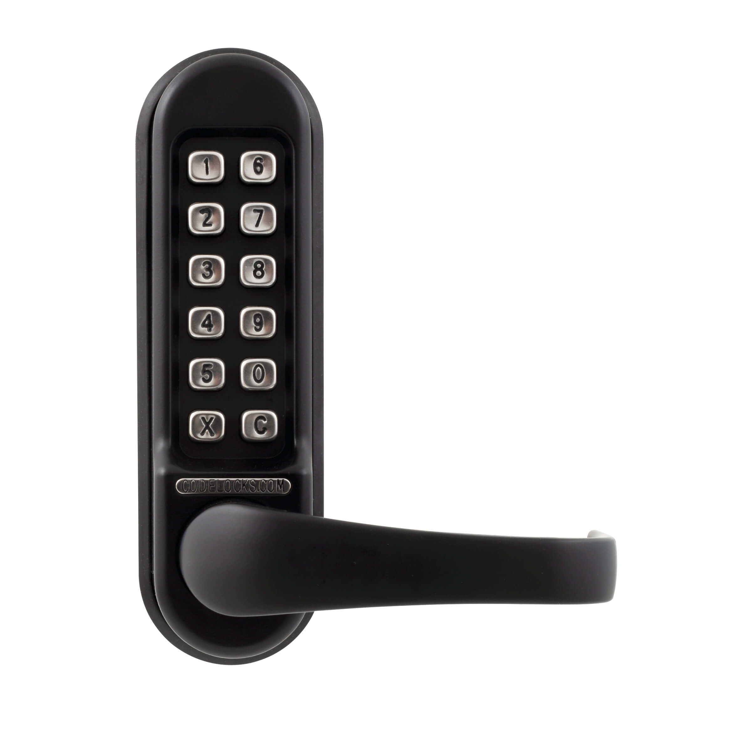 Black keypad door handle with numbered buttons.
