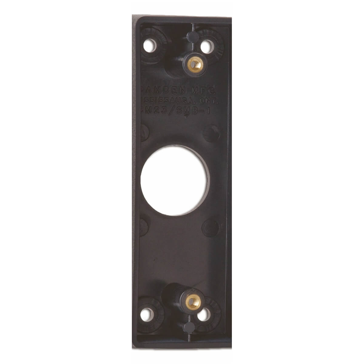 Black metal door mounting bracket with screw holes.