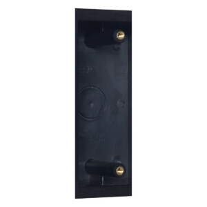 Black door strike plate with brass bushings.