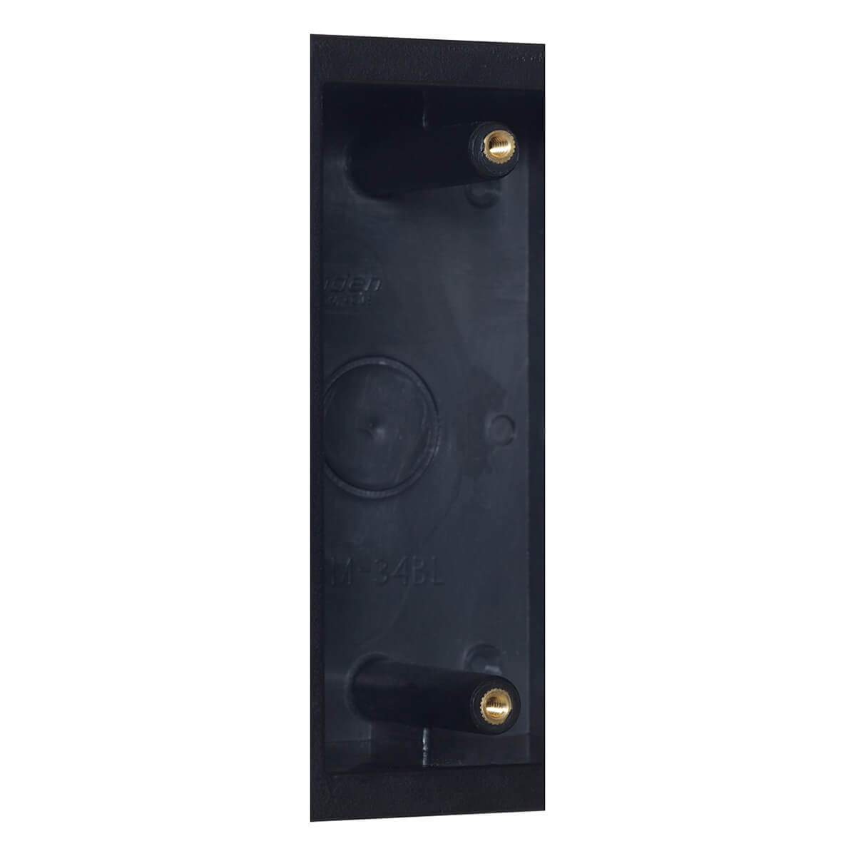 Black door strike plate with brass bushings.