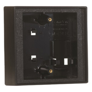 Black metal mounting box for security hardware installation.
