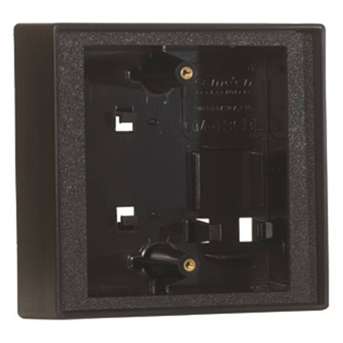 Black metal mounting box for security hardware installation.