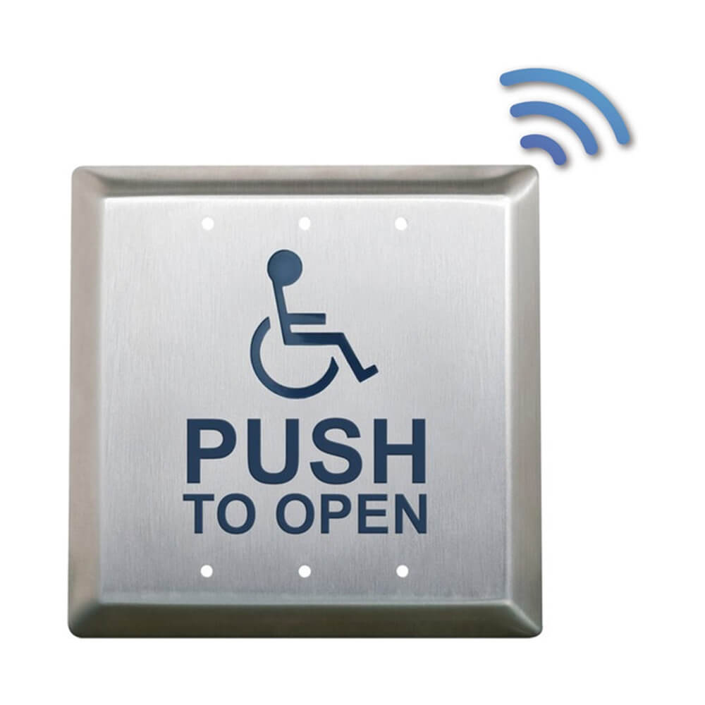 Accessible door button, push to open, wireless signal.