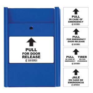 Blue emergency door release with pull instructions displayed.