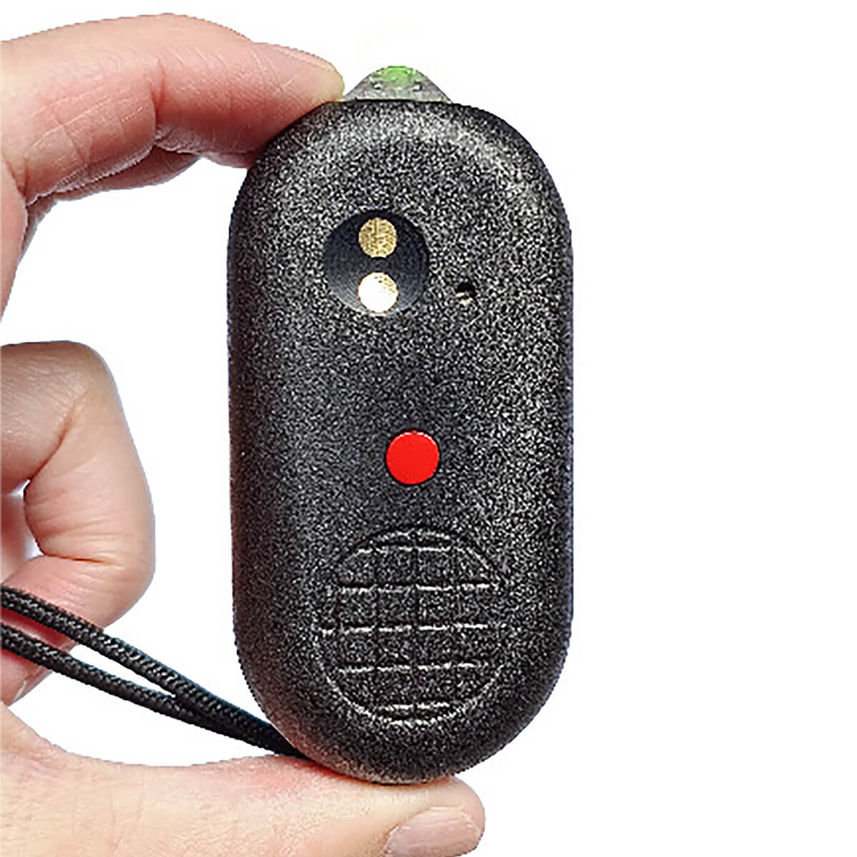 Hand holding black remote with red button.