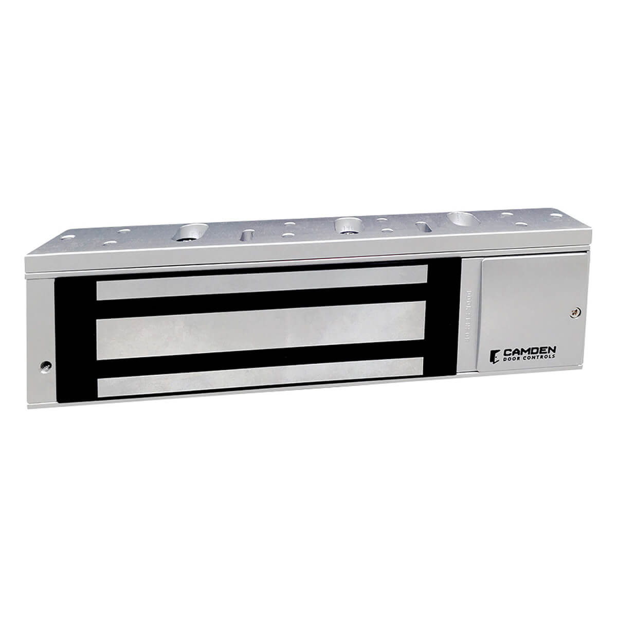 Silver electromagnetic door lock on white background.
