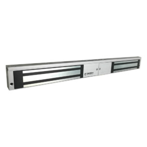 Silver magnetic lock for security doors.