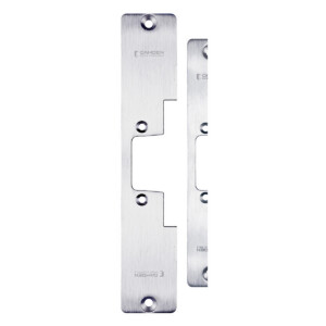 Metal door hardware, two rectangular plates with screw holes.
