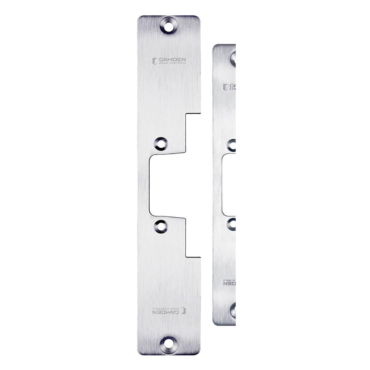 Metal door hardware, two rectangular plates with screw holes.
