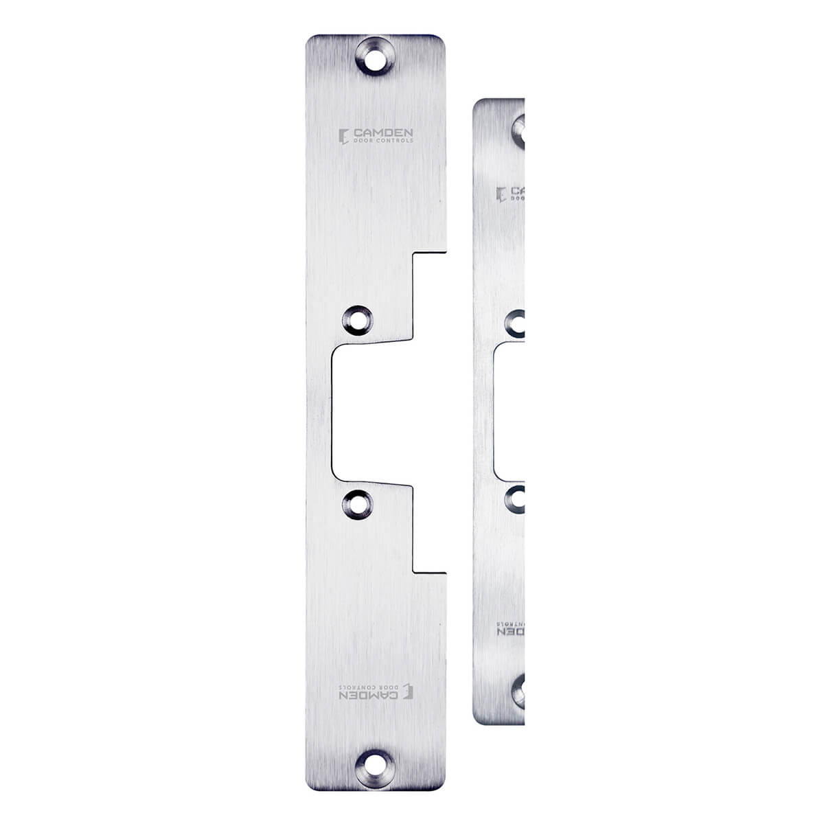 Metal door strike plate, Camden Door Controls branding.