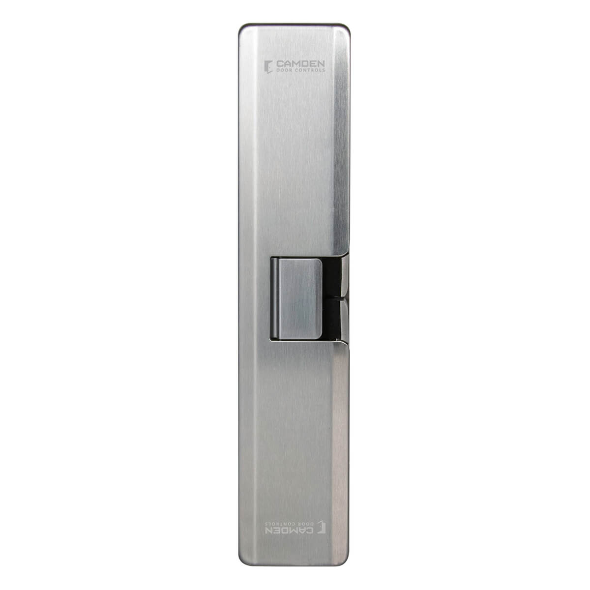 Silver door latch with sleek, modern design.