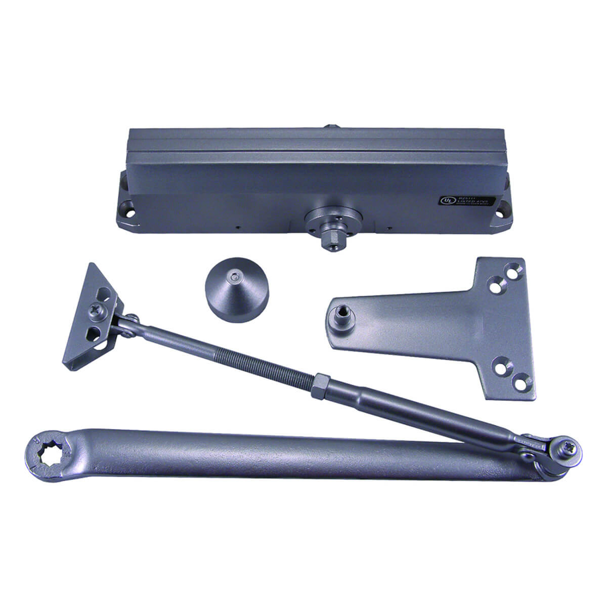 Metal door closer with mounting hardware.