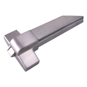 Metal door push bar in stainless steel finish.