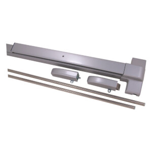 Silver door push bar with accessories laid out.