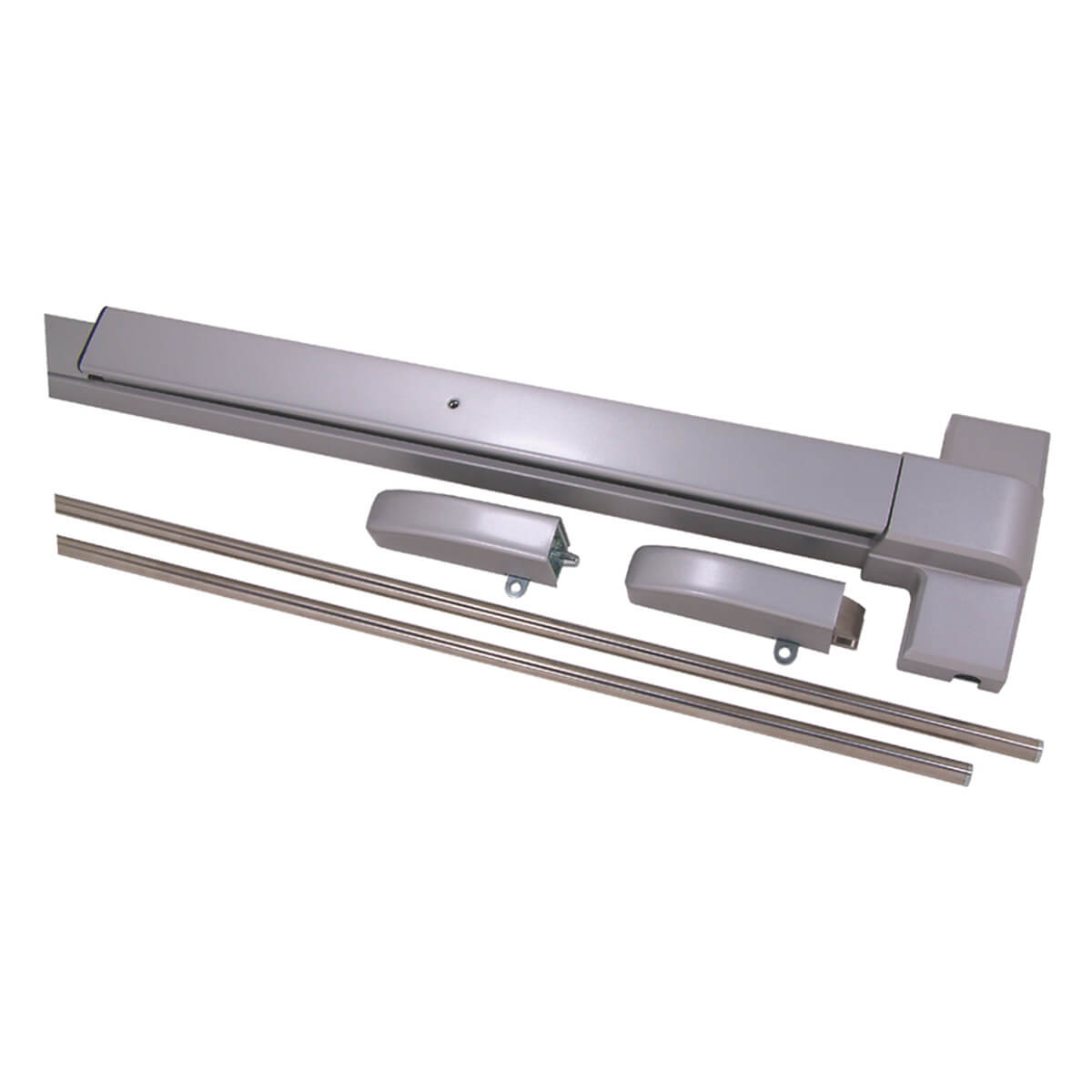 Silver door handle with bars and hardware components.
