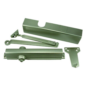 Silver door closer hardware parts arranged neatly.