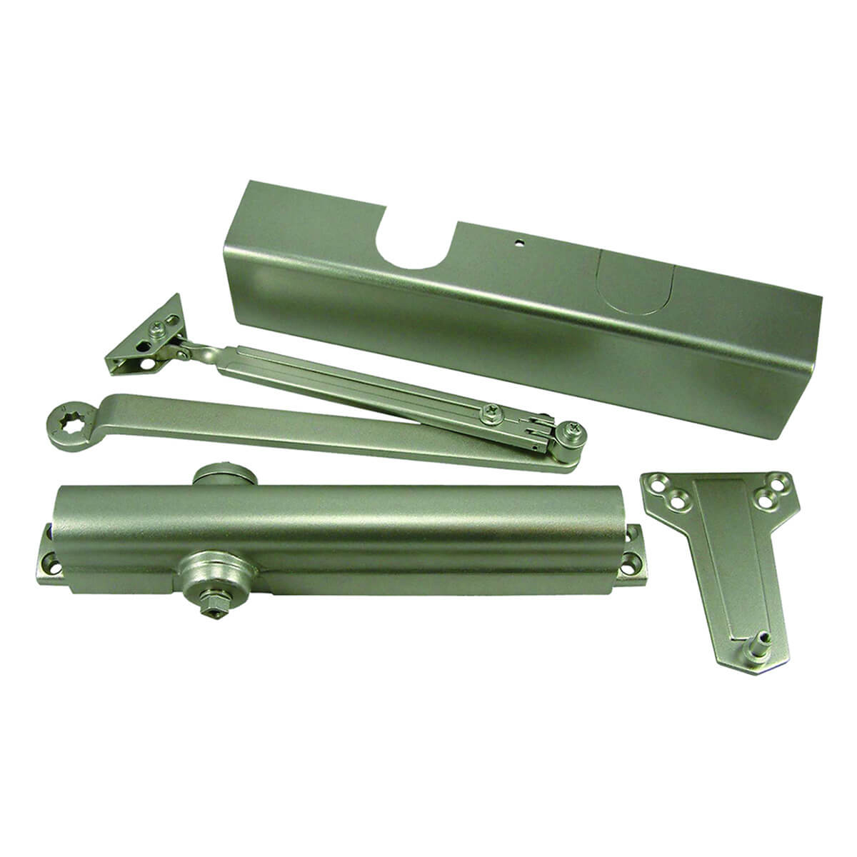 Silver door closer hardware parts arranged neatly.