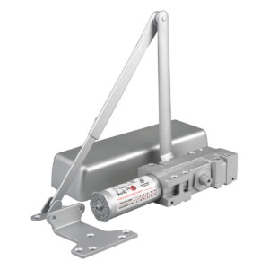 Door closer with arm, metal finish, adjustable tension.