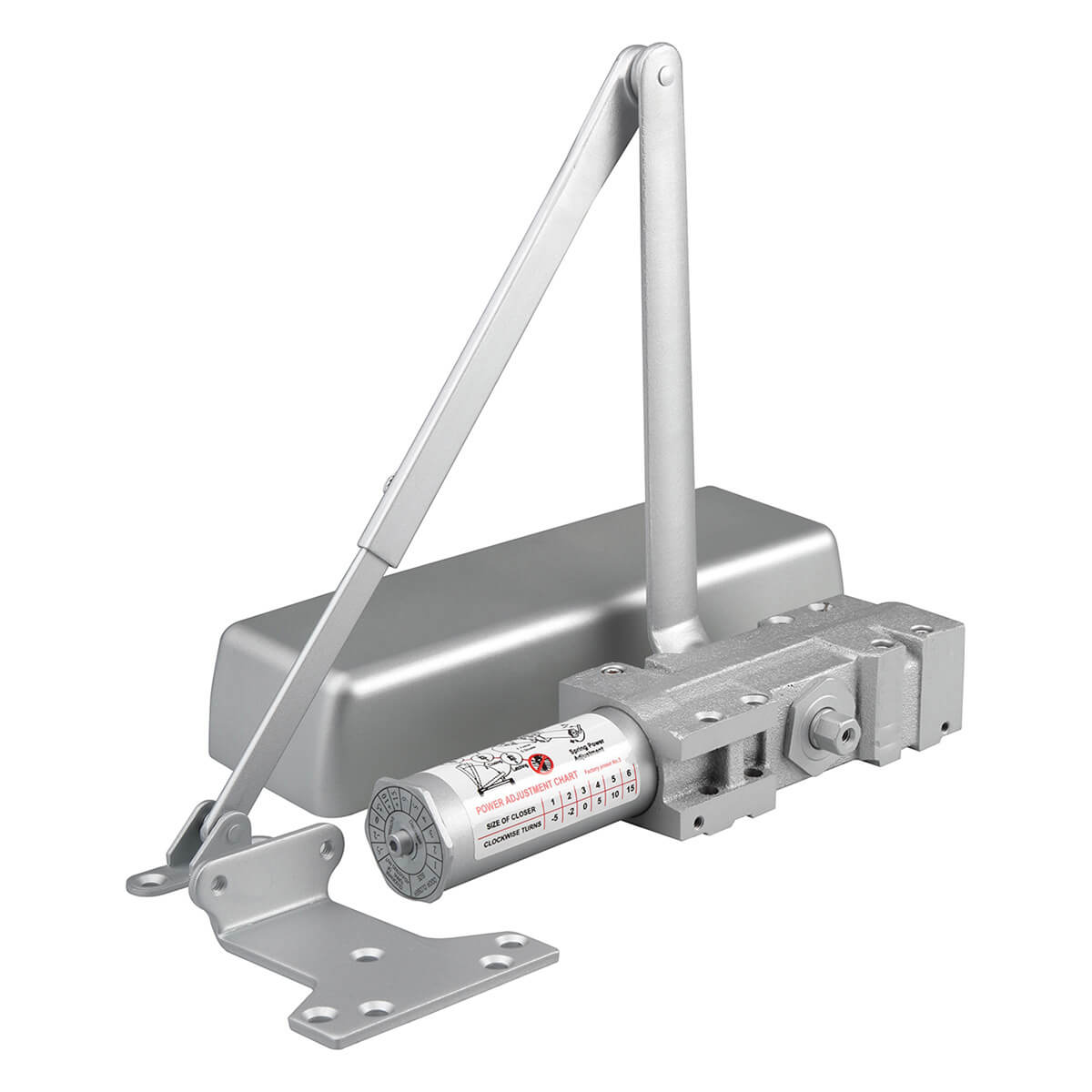 Door closer with arm, metal finish, adjustable tension.
